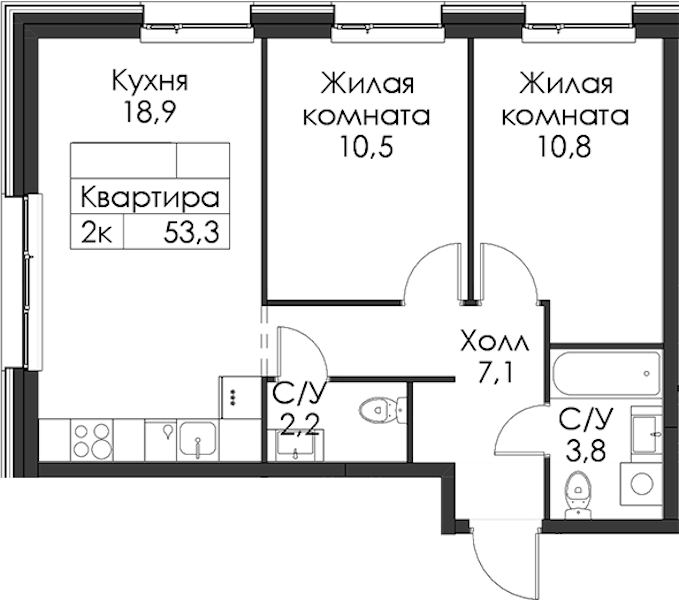 2-комнатная квартира 53.3 м², 2/8 эт., ЖК «Шкиперский 19»